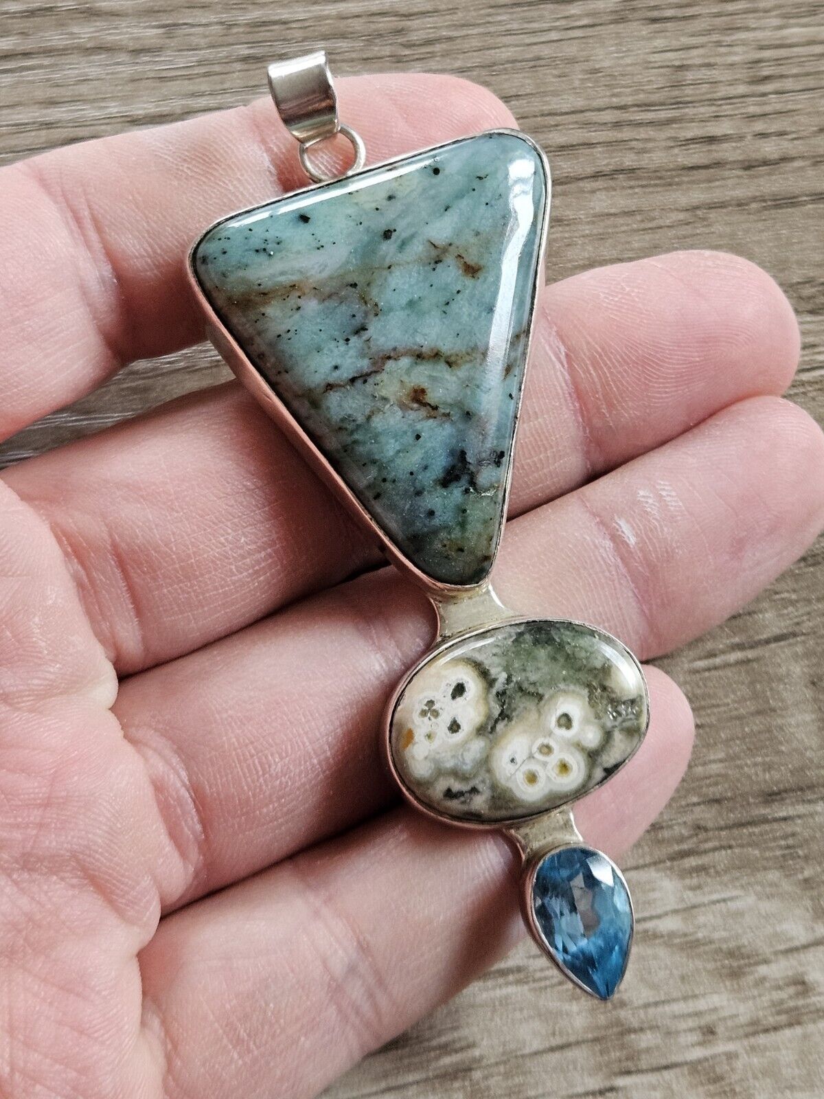 Sterling Silver 925 Pendant With Large Stones - Amazonite, Ocean Jasper? 
