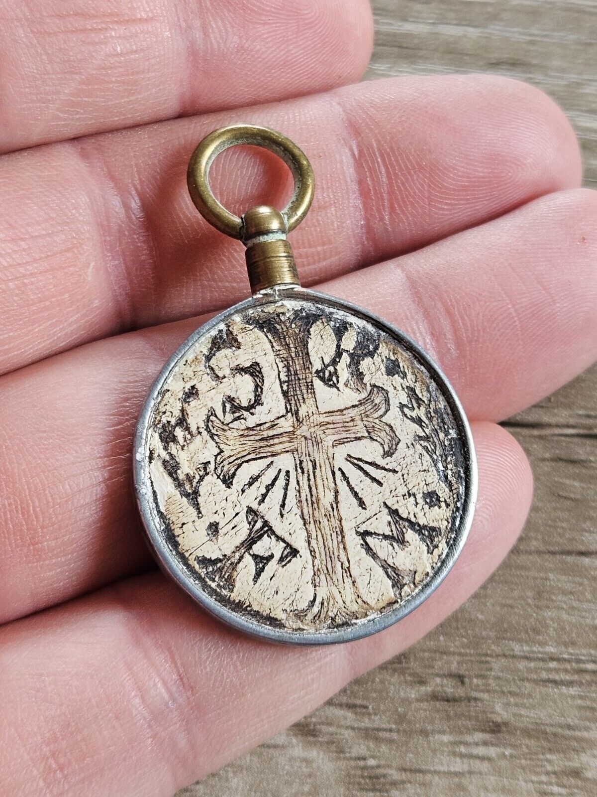 Vintage Ww1 / Ww2 "TRENCH ART" Pendent/Lucky charm, Hand Carved. Cross And Skull