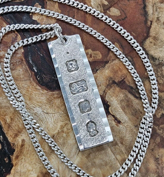 VINTAGE SOLID SILVER 925 BULLION INGOT PENDANT NECKLACE 22.9g, 18" Chain.