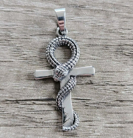 Sterling Silver 925 Egyptian Ankh Snake Pendant, Brand New Stock! Gothic.