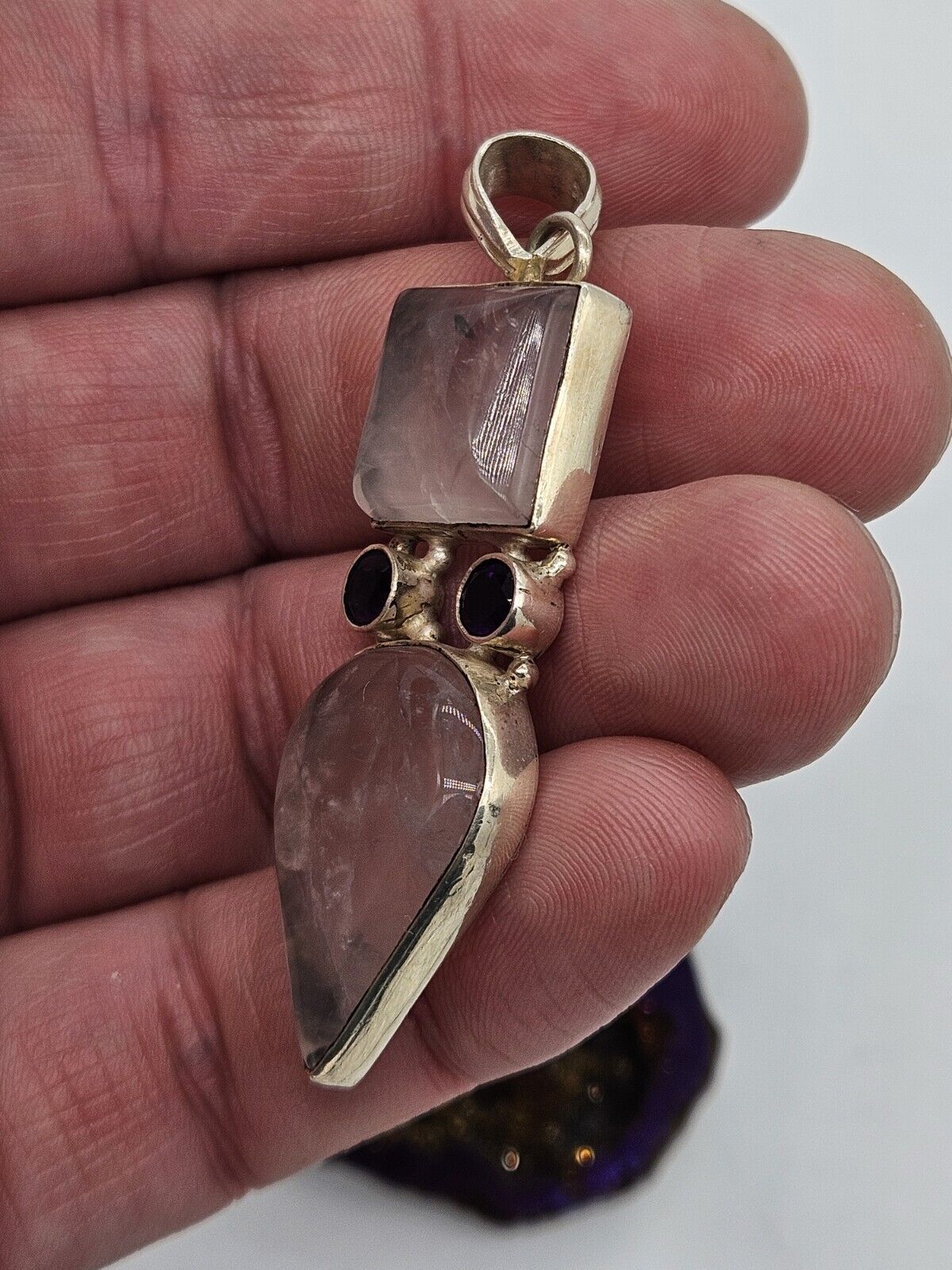 Silver 925 Huge Rose Quartz And Purple Amethyst Pendant.