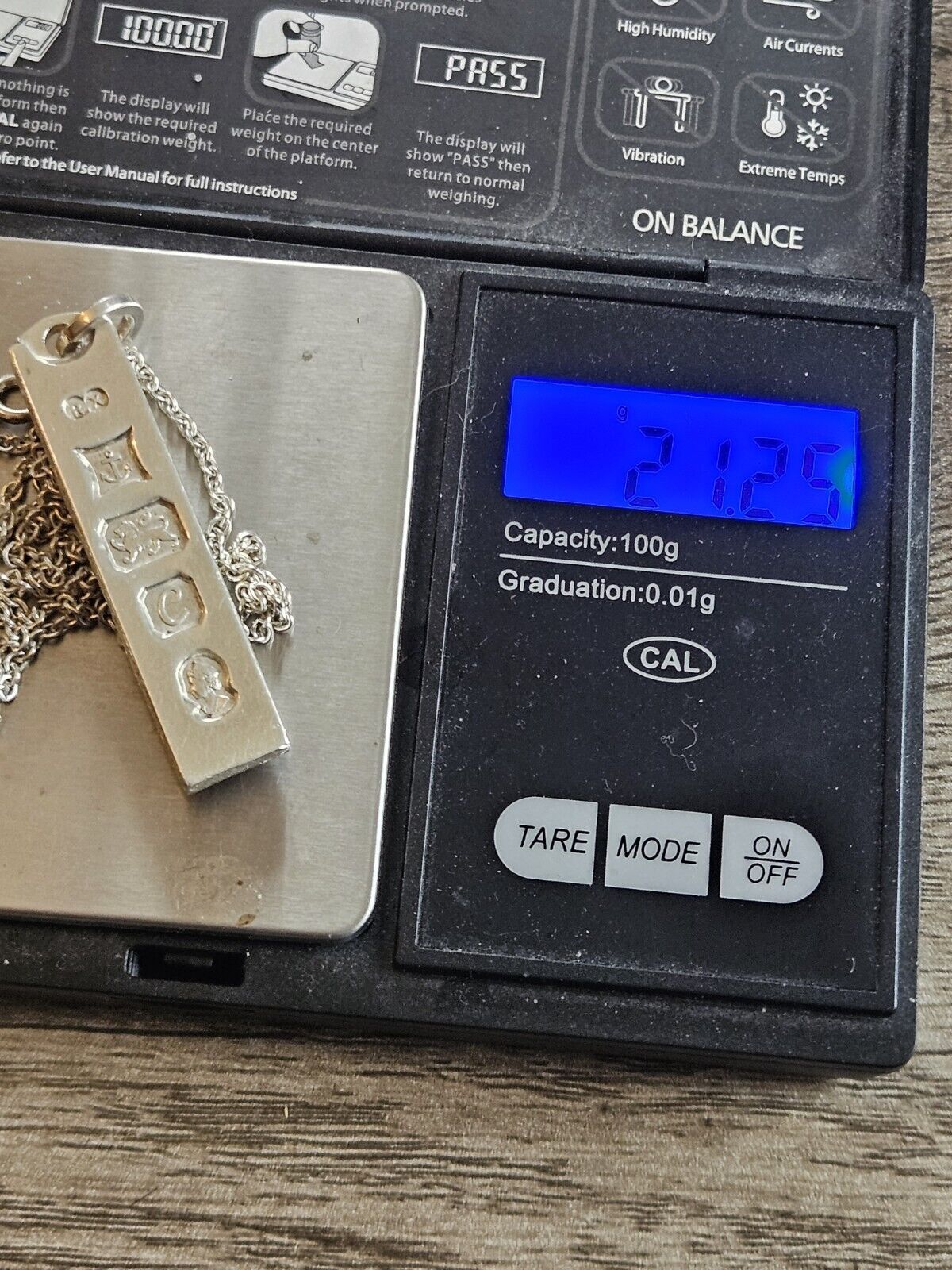 VINTAGE SOLID SILVER 925 BULLION INGOT PENDANT NECKLACE 21.2g, 24" Chain.