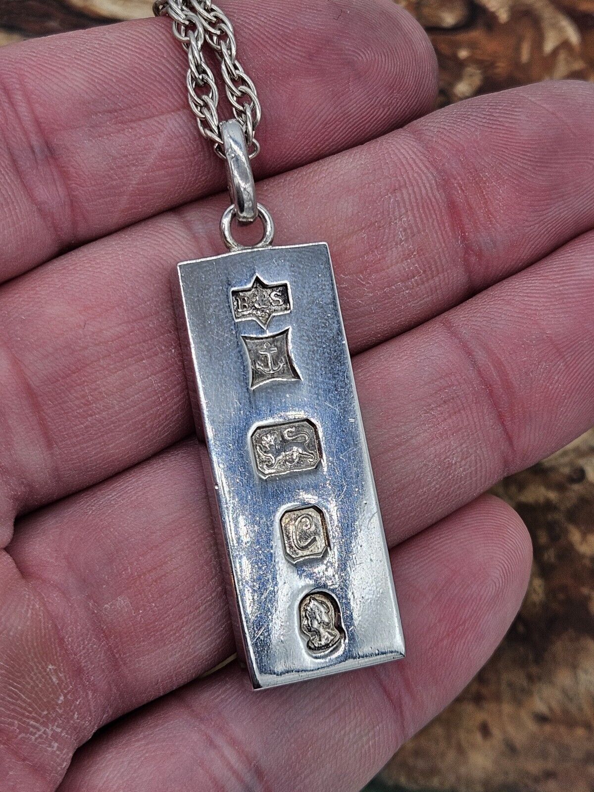 VINTAGE SOLID SILVER 925 BULLION INGOT PENDANT NECKLACE 42g With Chain, 24" Rope