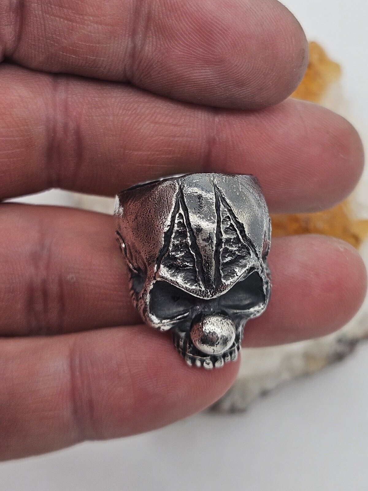 Clown Skull ring, sterling silver 925. Size T 1/2. Heavy.