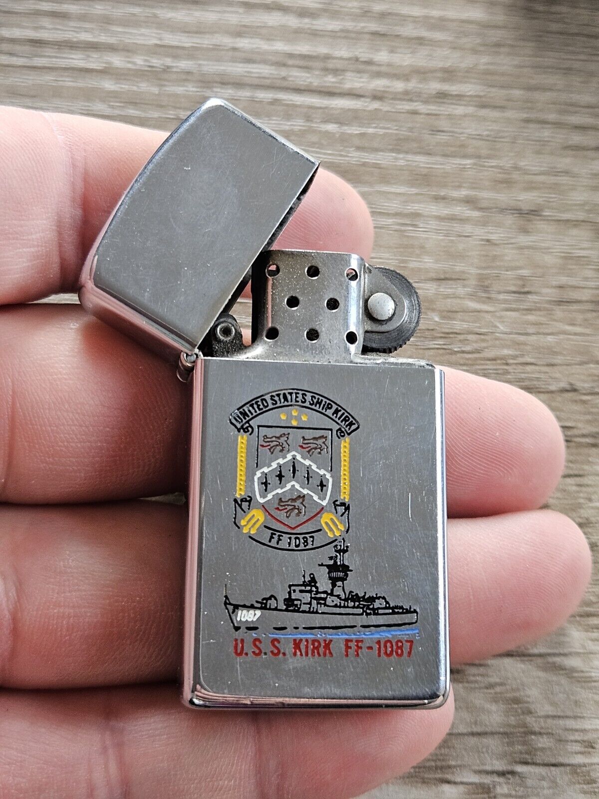 Zippo Windproof Slim Lighter U.S.S. Kirk. 1984. Ship, Military.