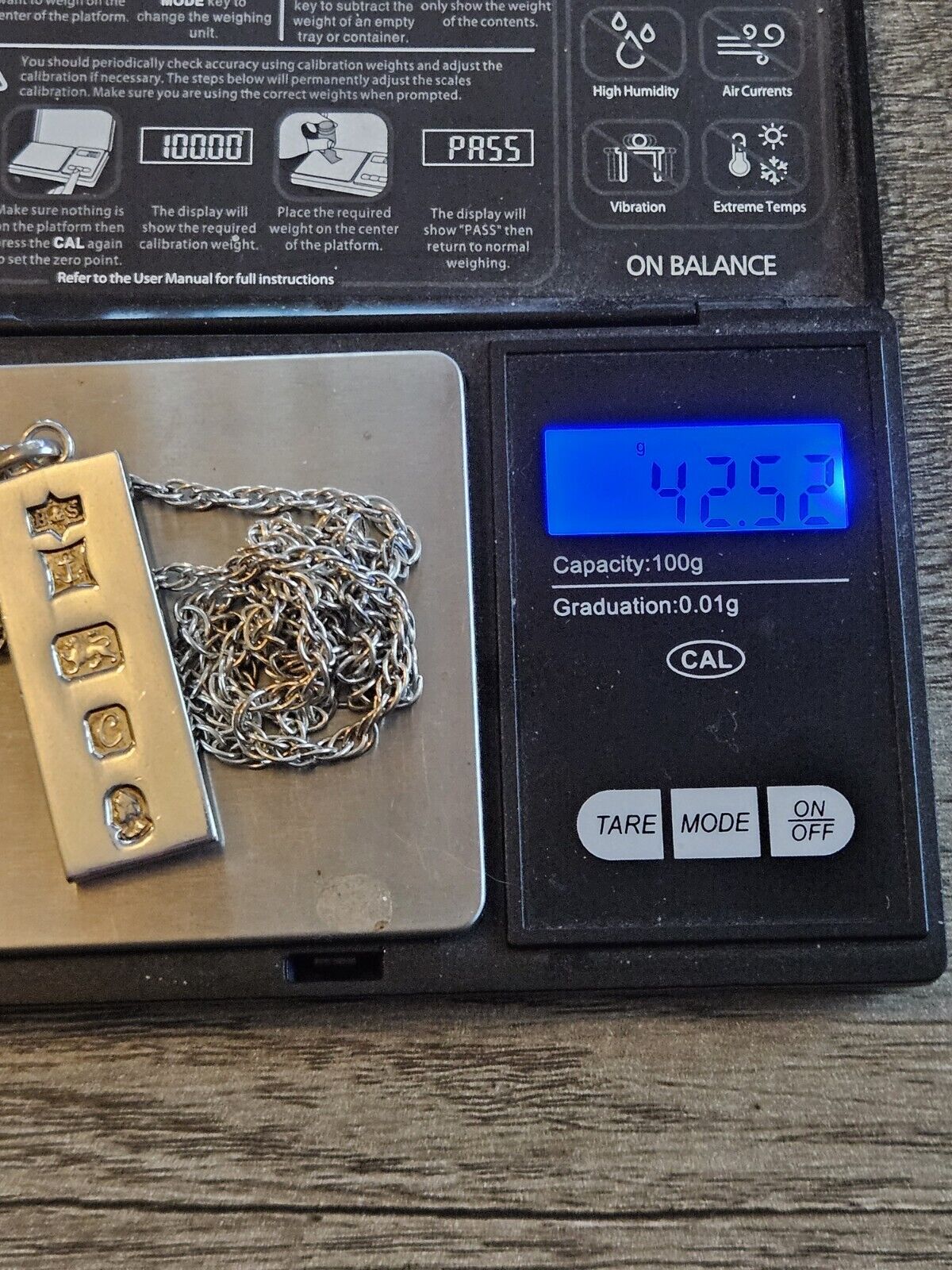VINTAGE SOLID SILVER 925 BULLION INGOT PENDANT NECKLACE 42g With Chain, 24" Rope