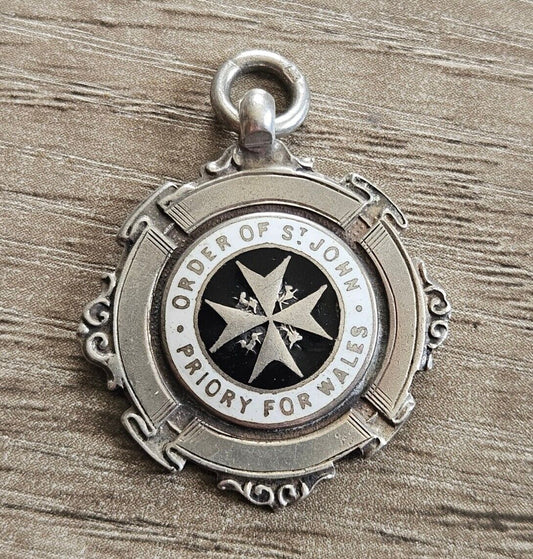 Vintage Sterling Silver 925 & Enamel Albert Chain Fob Medal St John's Ambulance