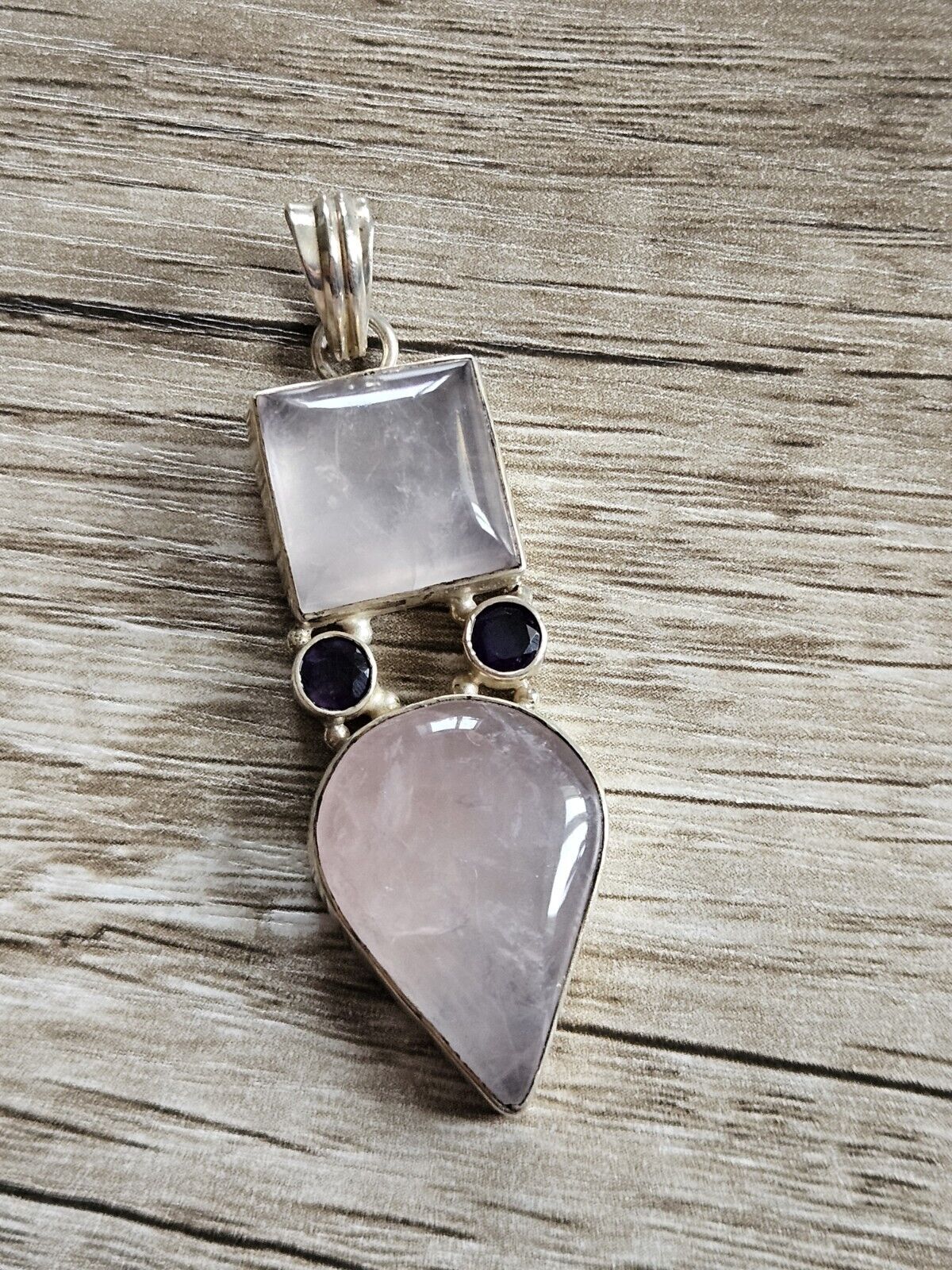 Silver 925 Huge Rose Quartz And Purple Amethyst Pendant.
