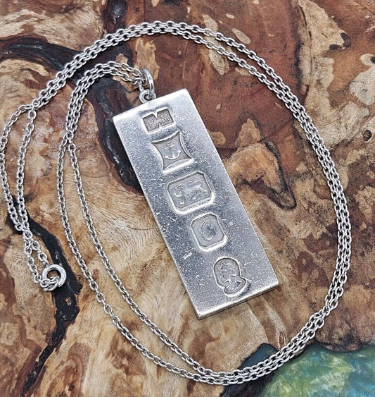 VINTAGE SOLID SILVER 925 BULLION INGOT PENDANT NECKLACE 33.7g, 24" Chain.