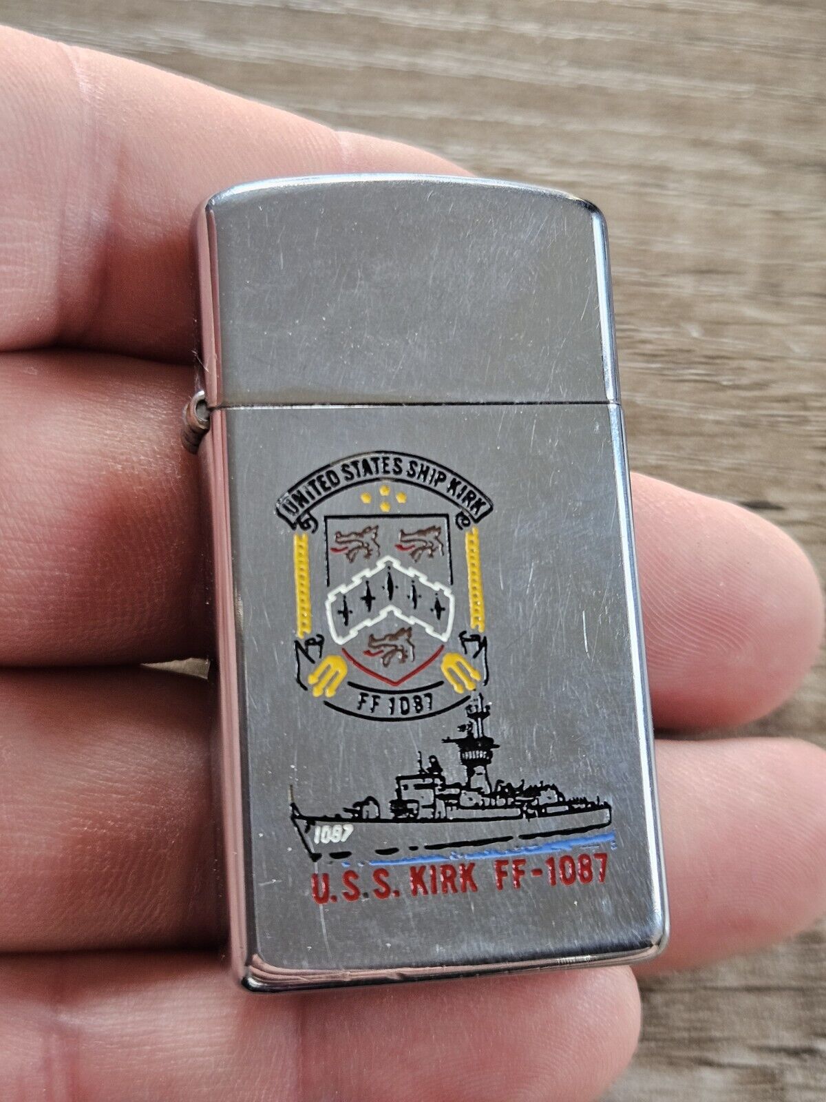 Zippo Windproof Slim Lighter U.S.S. Kirk. 1984. Ship, Military.