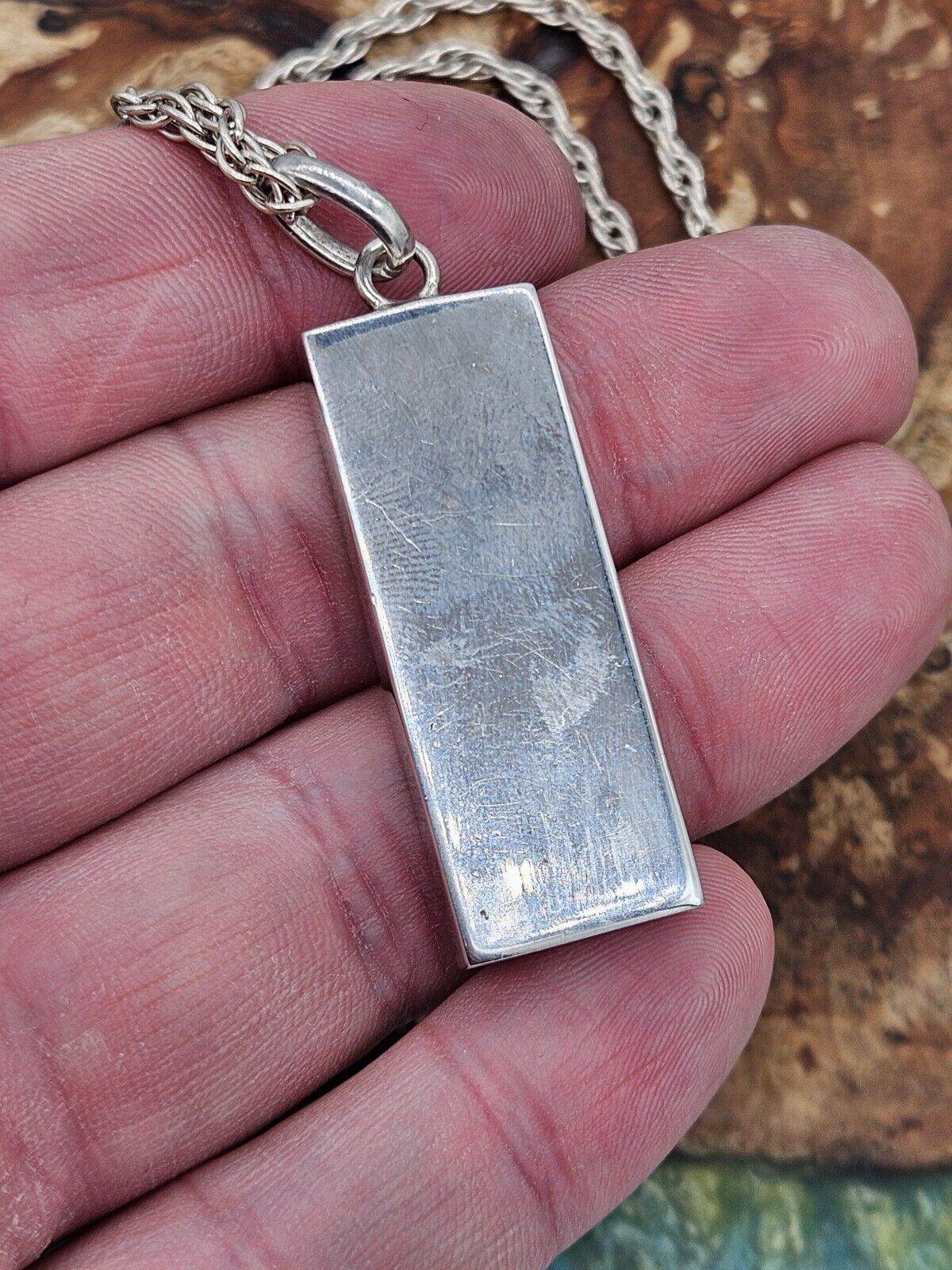 VINTAGE SOLID SILVER 925 BULLION INGOT PENDANT NECKLACE 42g With Chain, 24" Rope