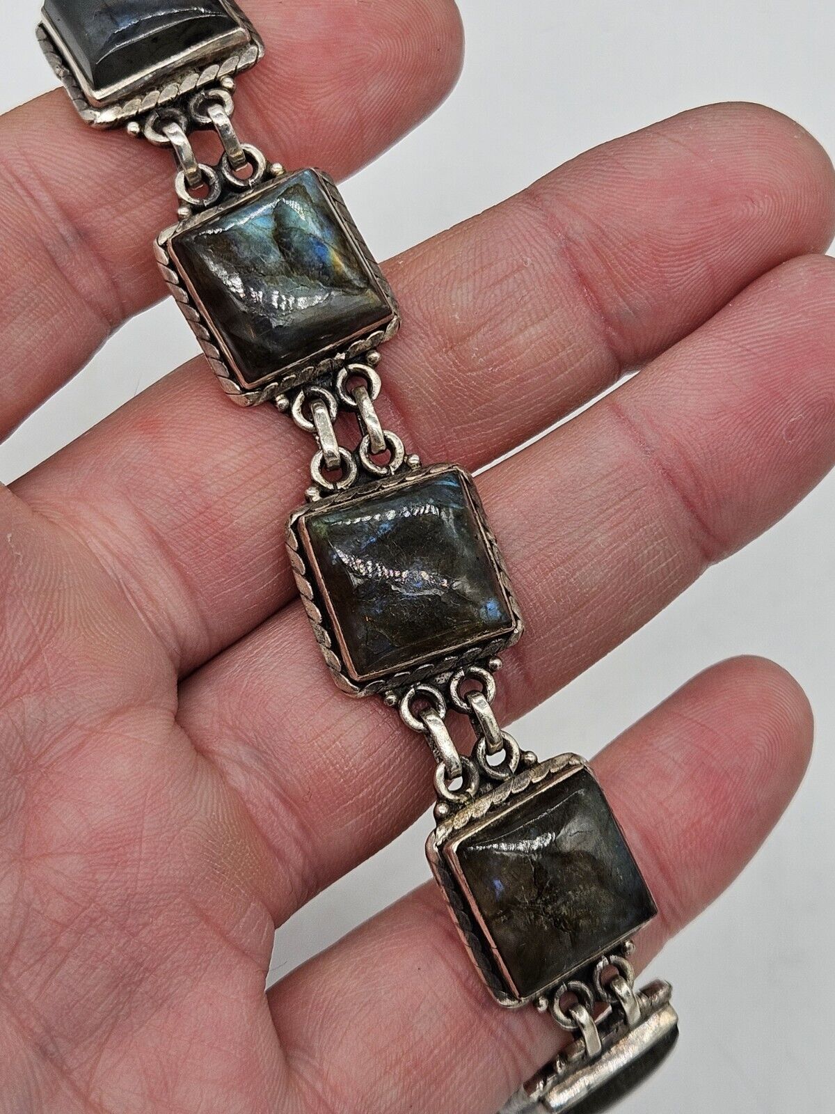 Heavy Sterling Silver 925 labradorite Bracelet - 20cm Long. 35 Grams.