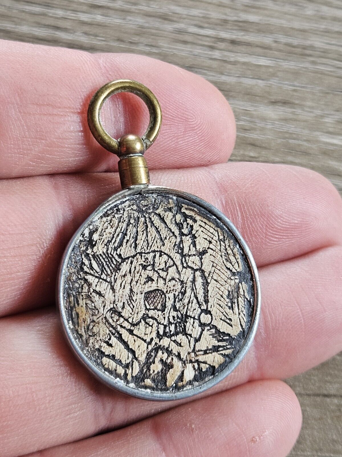 Vintage Ww1 / Ww2 "TRENCH ART" Pendent/Lucky charm, Hand Carved. Cross And Skull