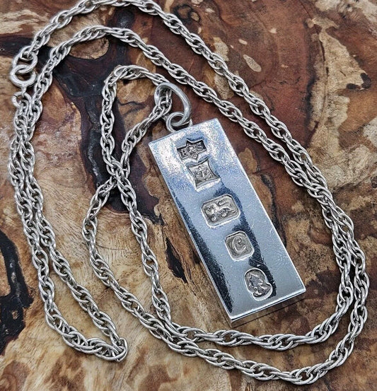 VINTAGE SOLID SILVER 925 BULLION INGOT PENDANT NECKLACE 42g With Chain, 24" Rope