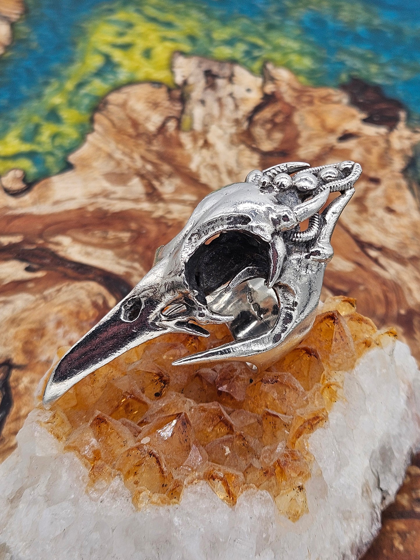 Biomechanical Bird Skull Silver 925  Ring. Gothic. UK Size R