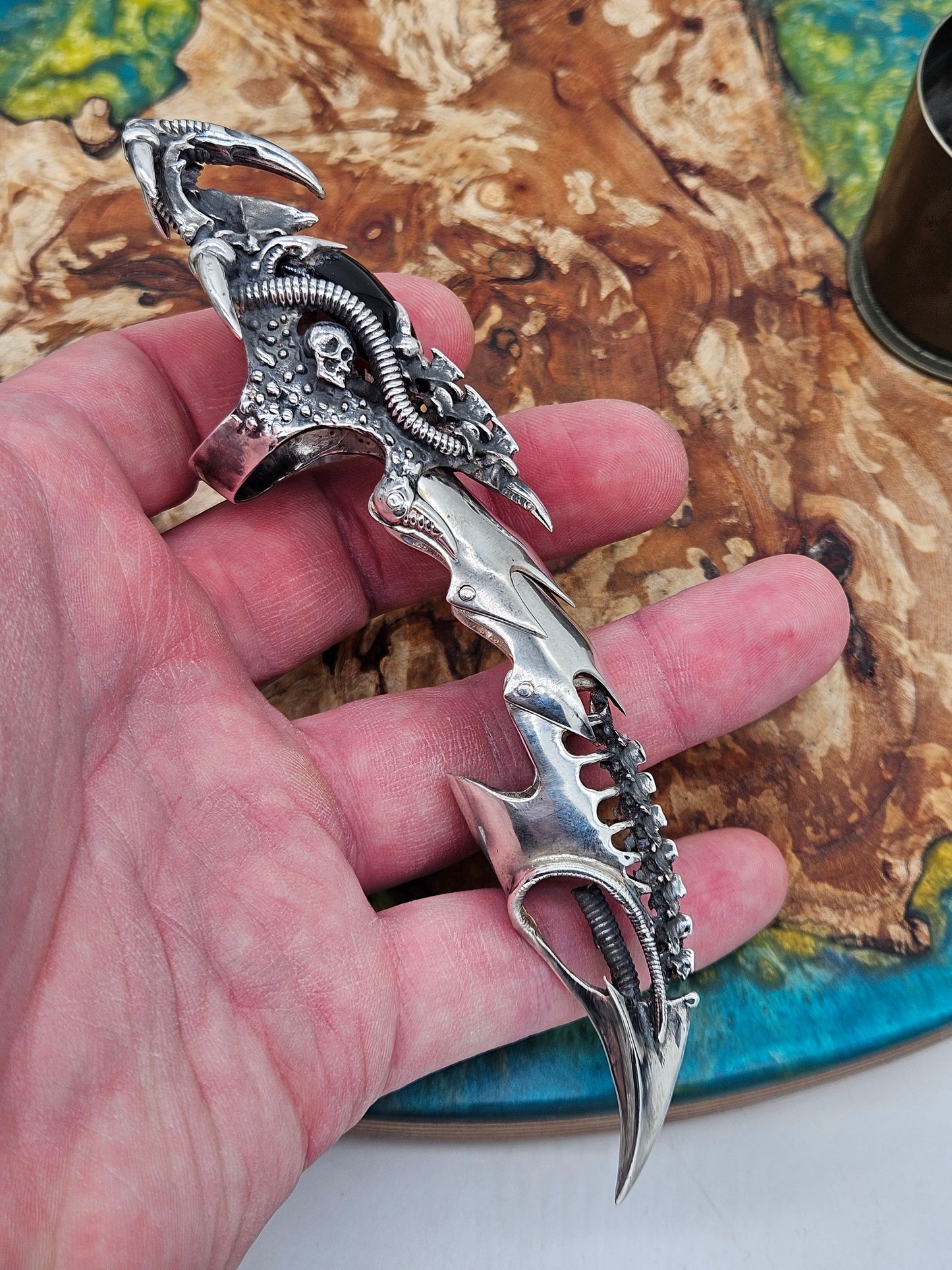 Biomechanical Silver 925 Armour Ring. Gothic, Full Finger, Onyx Stone. 80g+