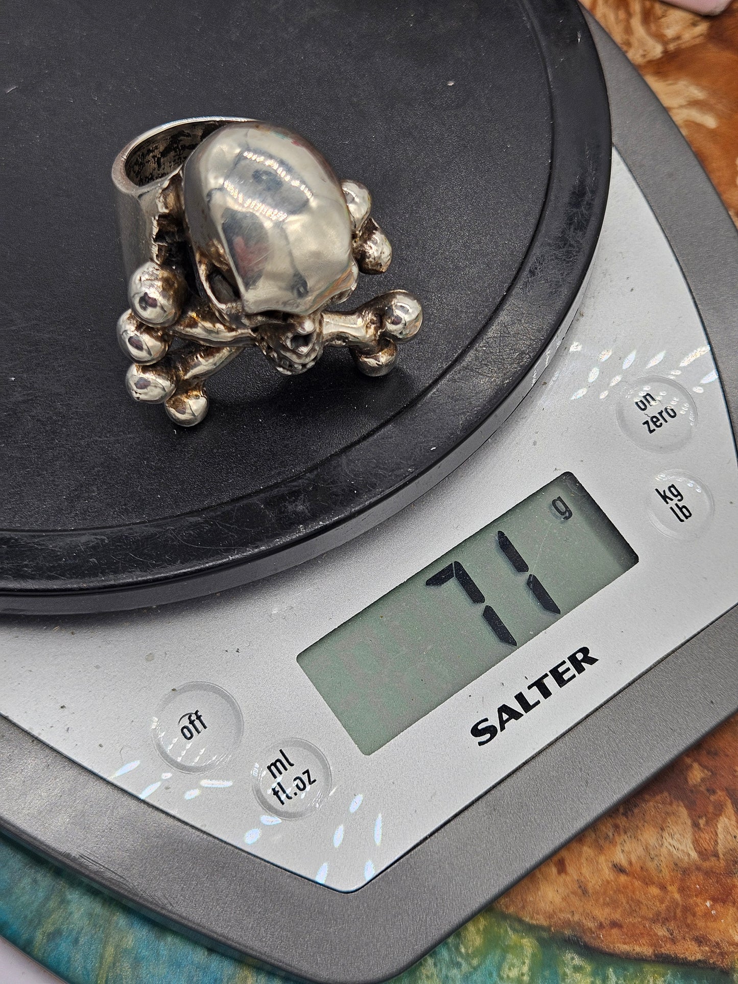 Skull + Crossbones Silver 925  Ring. UK Size Z+1, 71 Grams. Wildcat Collection.