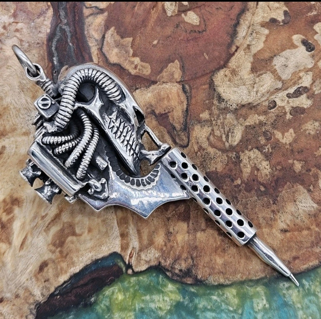 William Llewelyn Griffiths Biomechanical Skull Tattoo Machine Gun Pendant 925