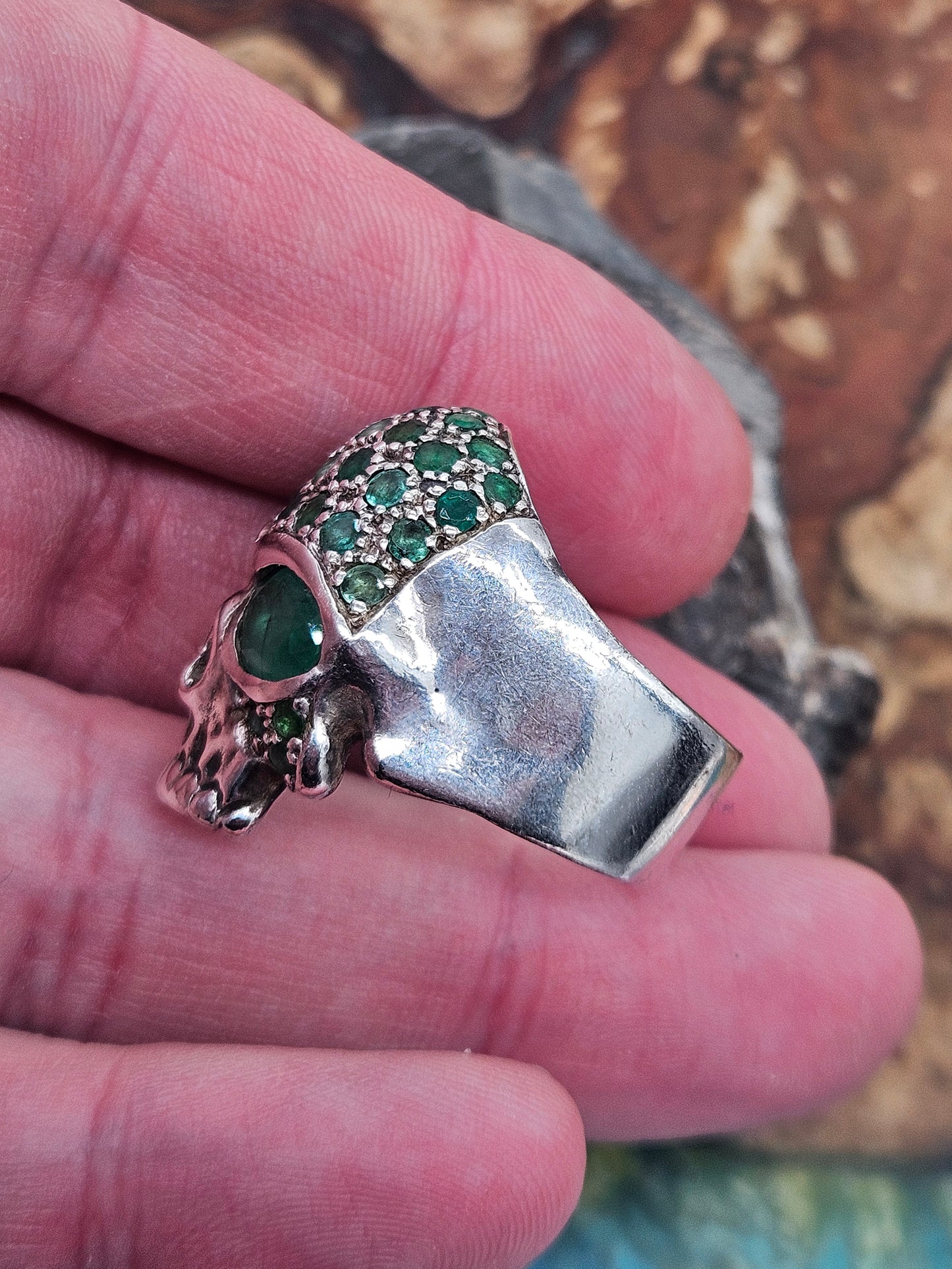 Vintage "Lena K" Skull Ring - UK Size V, Silver 925, Green Stones