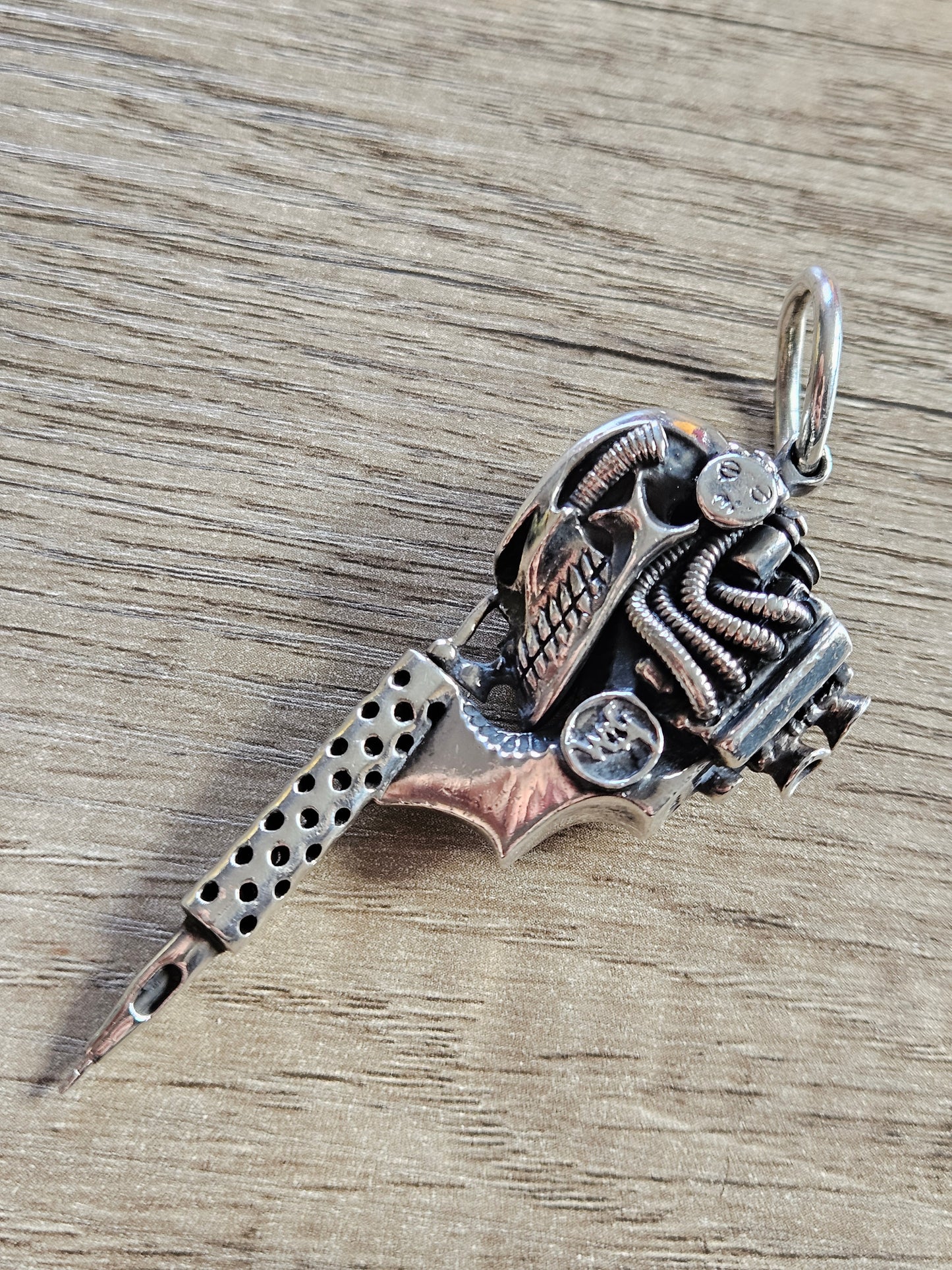 William Llewelyn Griffiths Biomechanical Skull Tattoo Machine Gun Pendant 925
