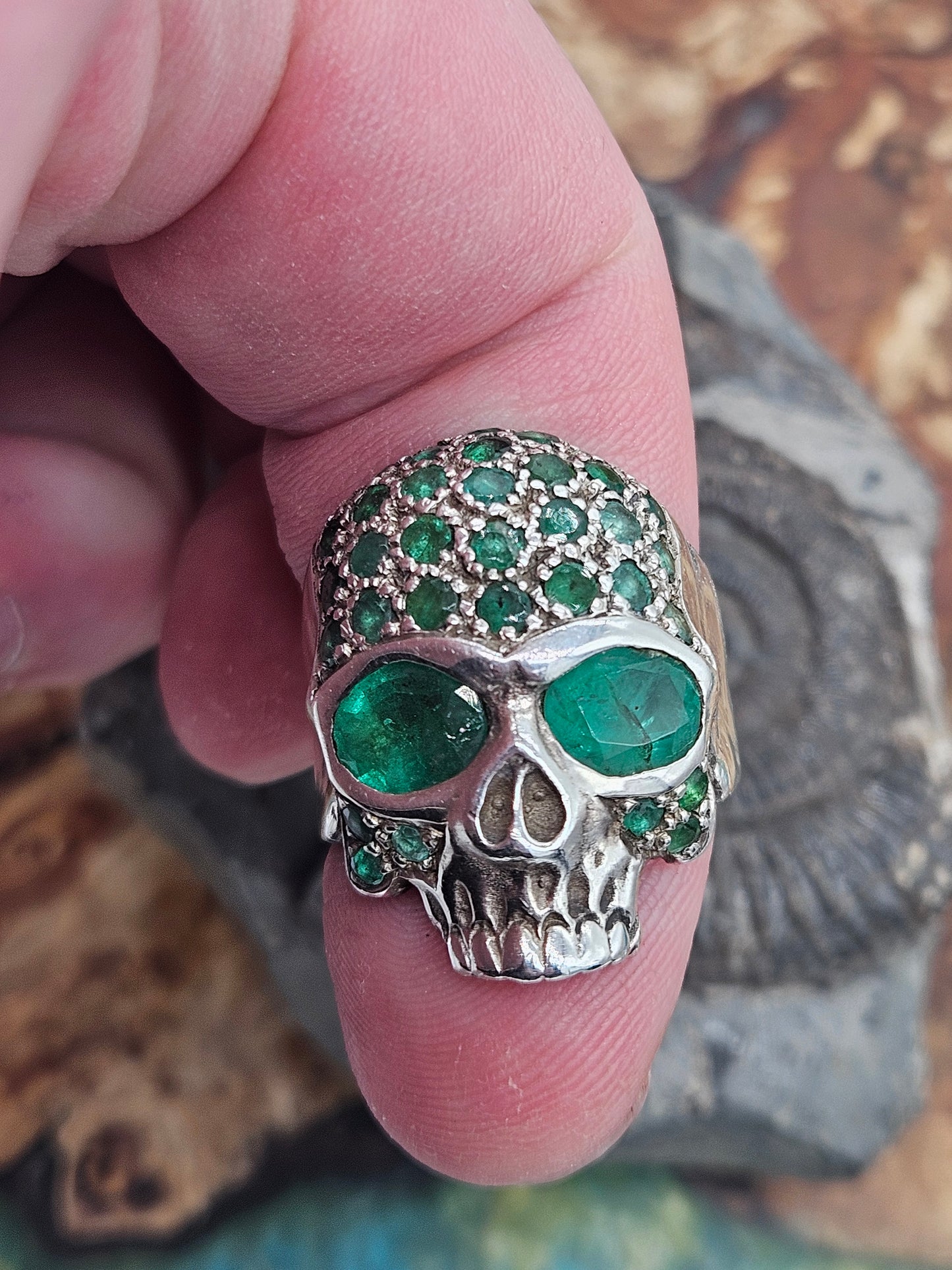 Vintage "Lena K" Skull Ring - UK Size V, Silver 925, Green Stones