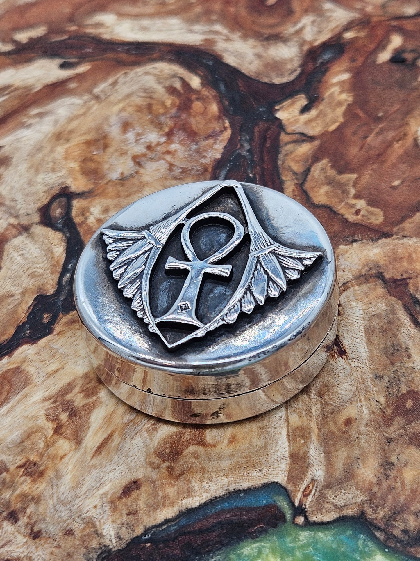 Vintage Silver Egyptian Ankh Cross Trinket Box.