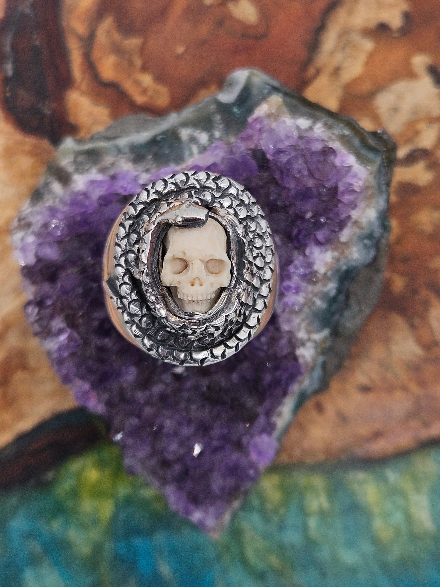 Sterling Silver Skull Snake Ring 925 Solid Heavy, Made By Gypsy Silver. Size N 1/2