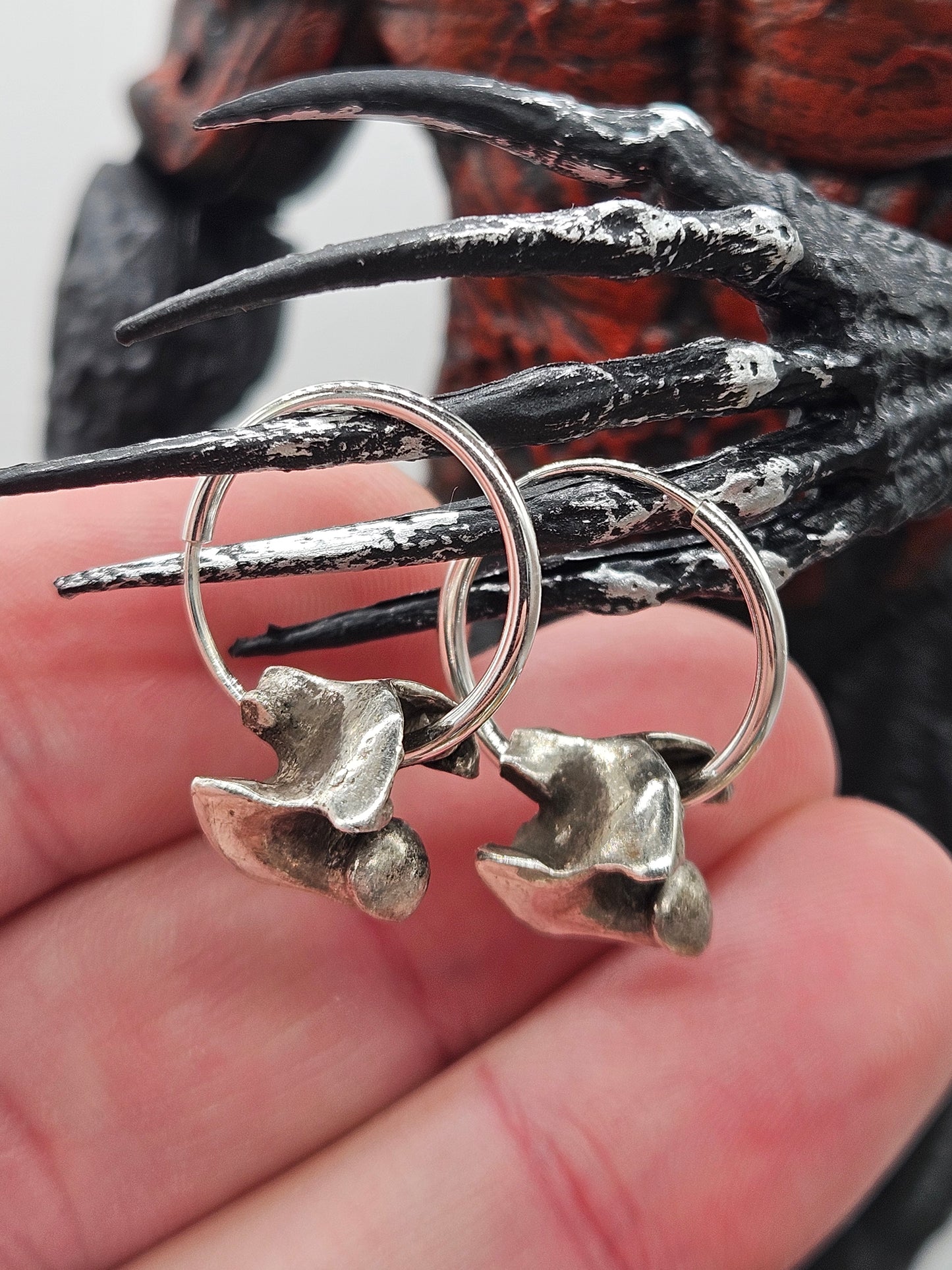 Sterling Silver 925 Oxidized Gothic Spine Vertebrae Statement Hoop Earrings.