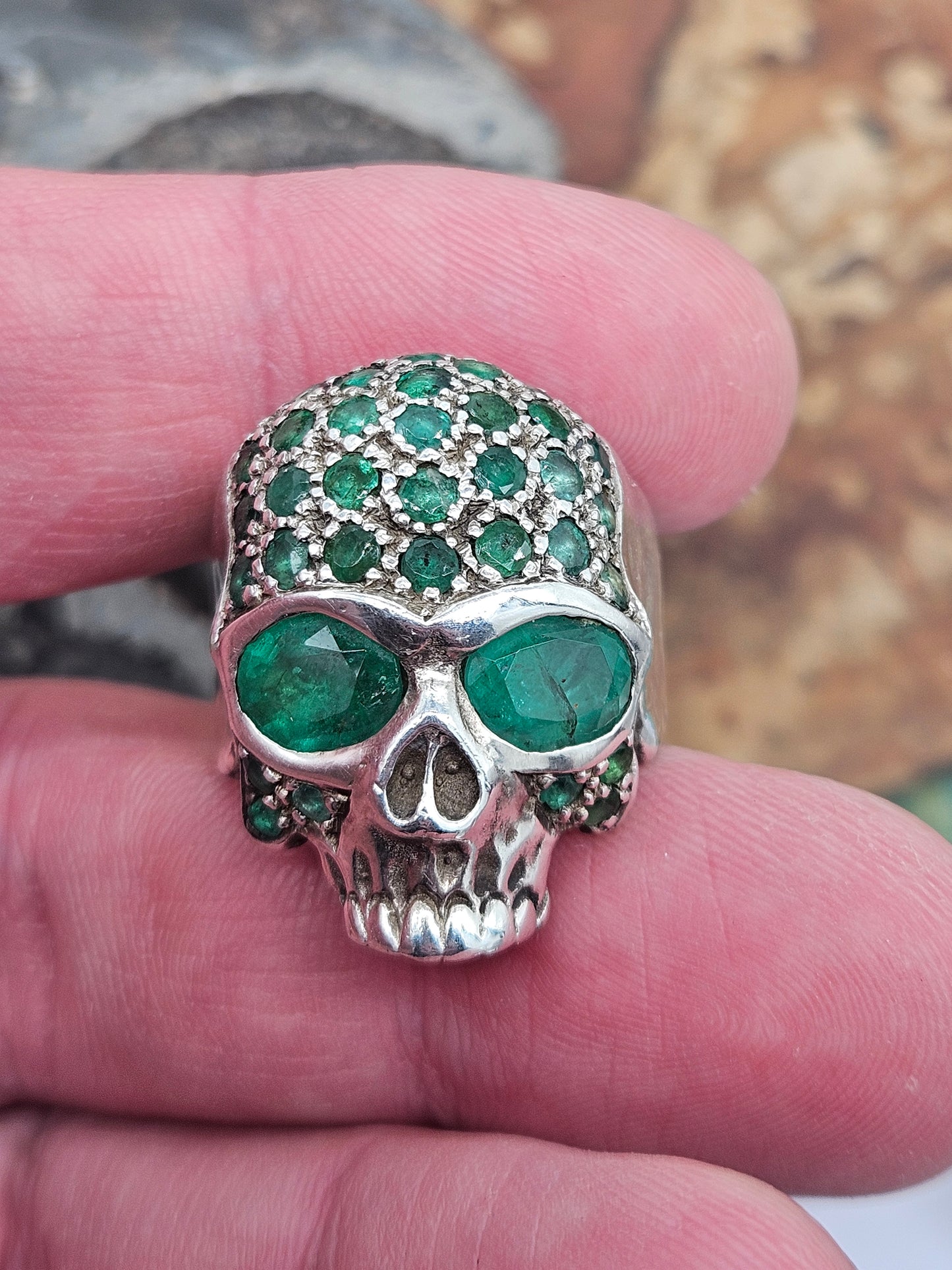 Vintage "Lena K" Skull Ring - UK Size V, Silver 925, Green Stones