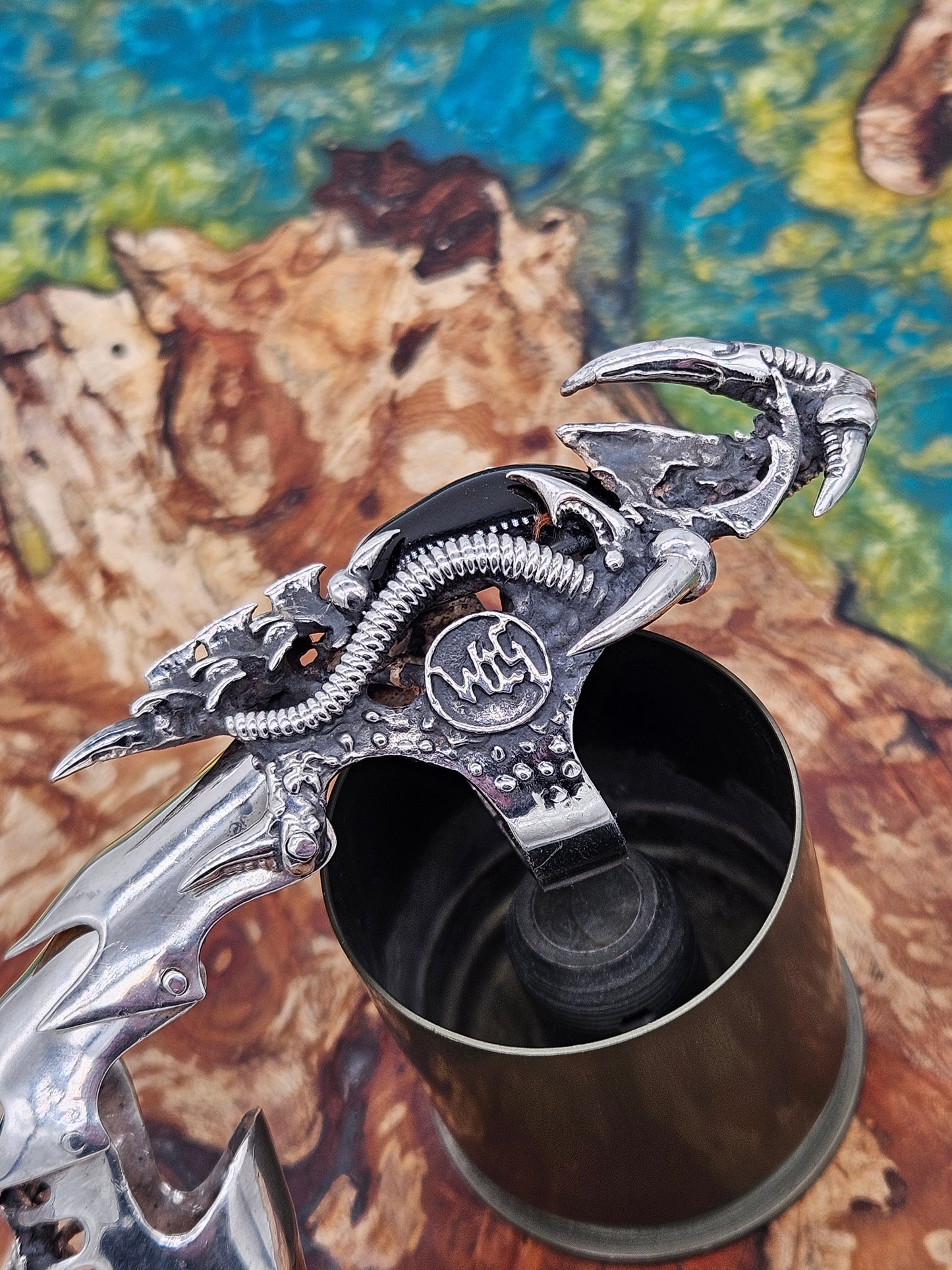 Biomechanical Silver 925 Armour Ring. Gothic, Full Finger, Onyx Stone. 80g+