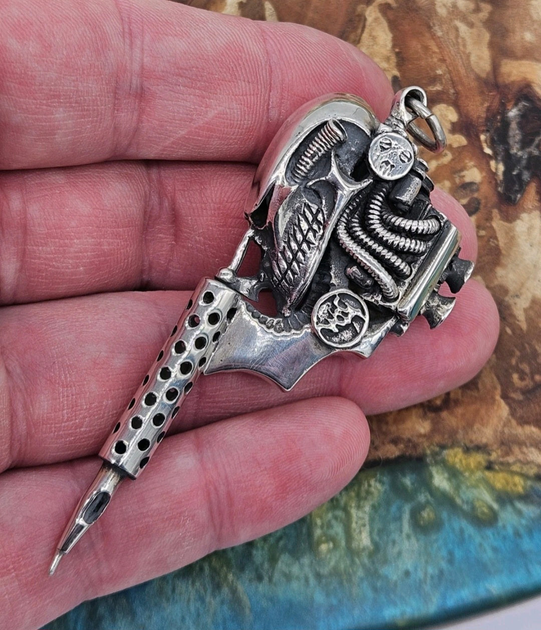 William Llewelyn Griffiths Biomechanical Skull Tattoo Machine Gun Pendant 925
