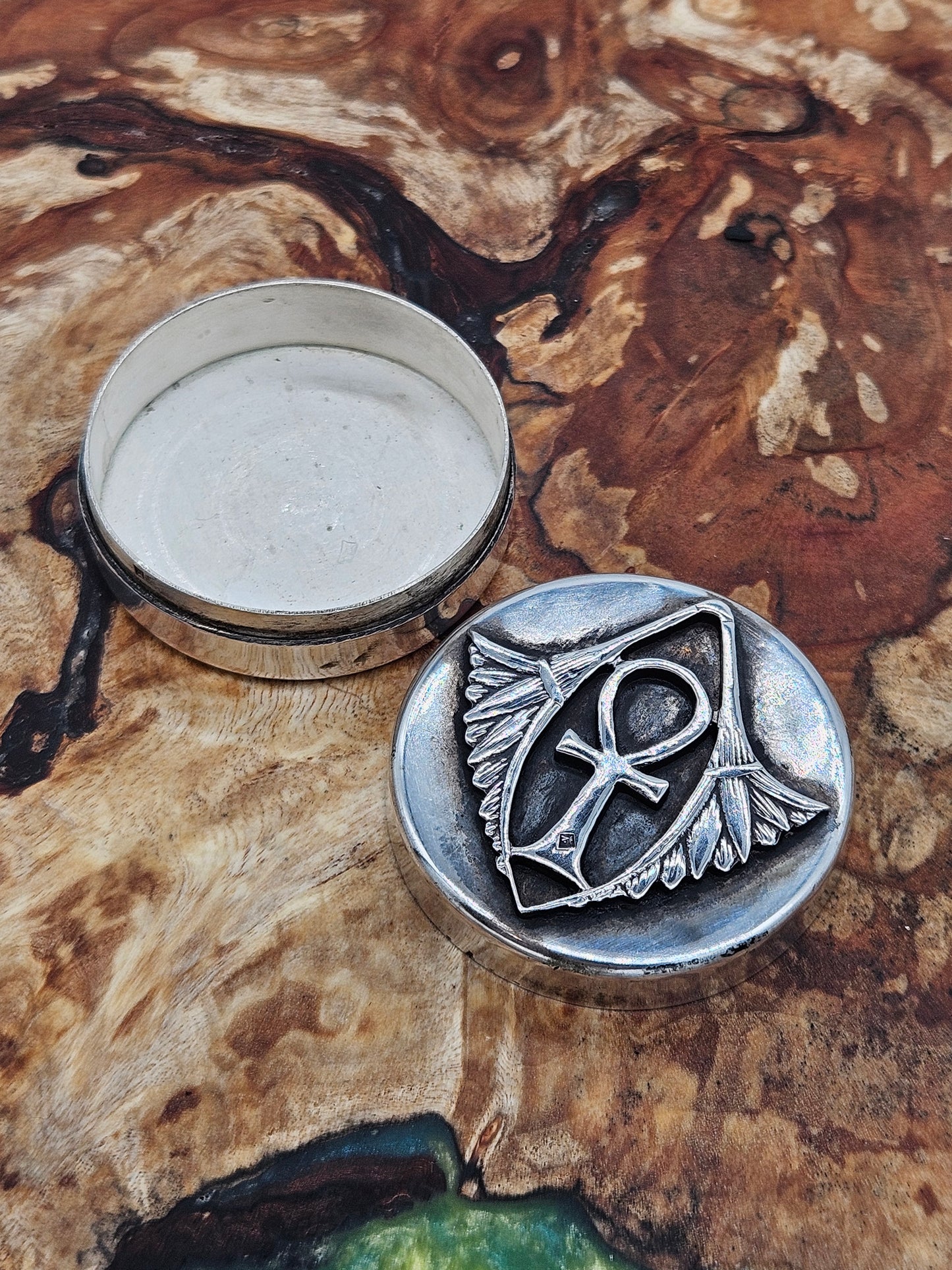 Vintage Silver Egyptian Ankh Cross Trinket Box.