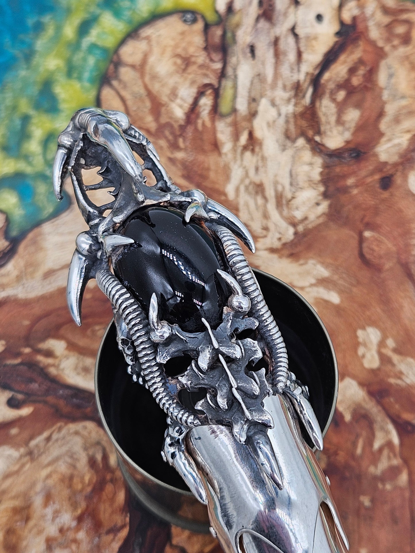 Biomechanical Silver 925 Armour Ring. Gothic, Full Finger, Onyx Stone. 80g+