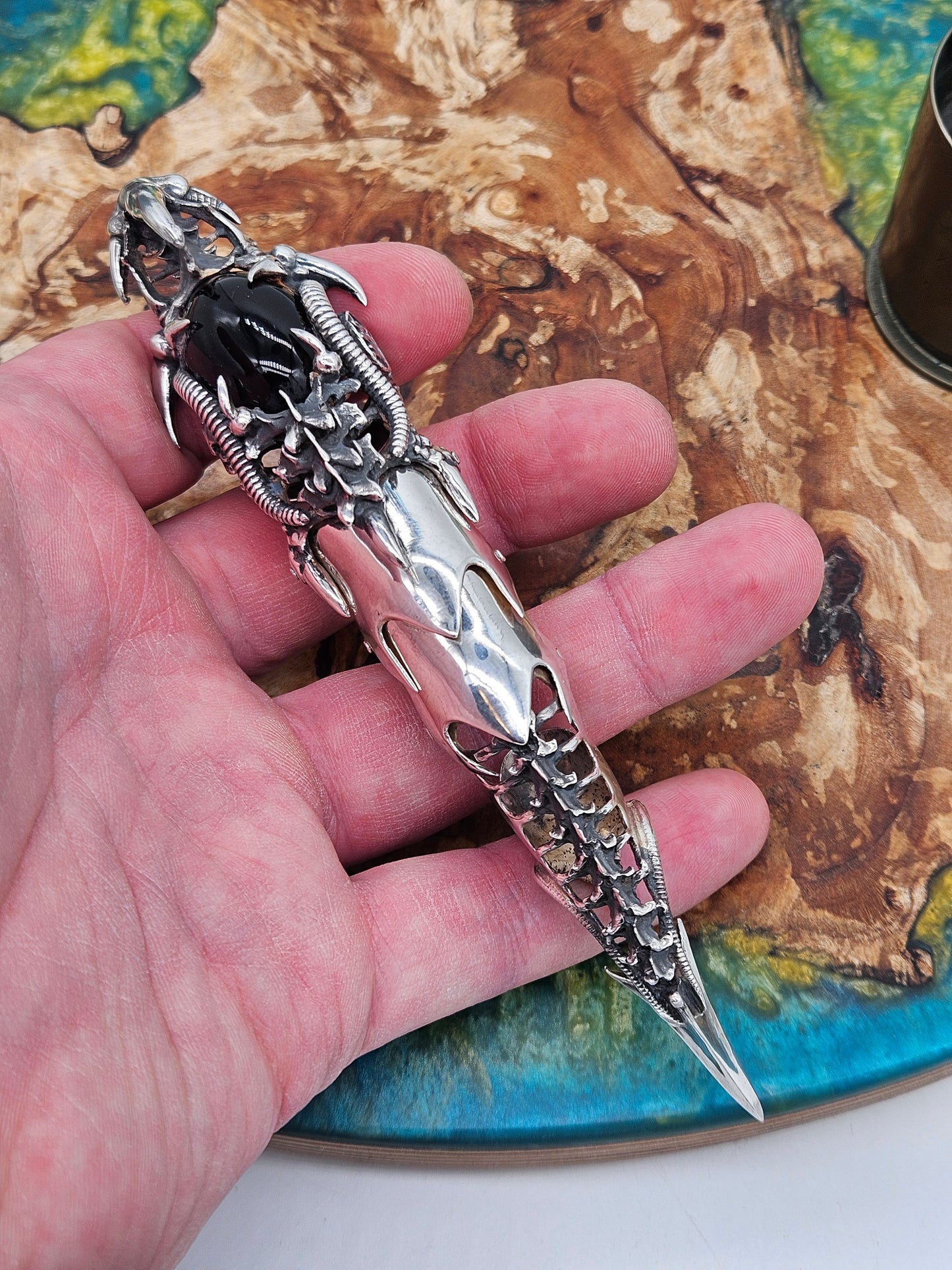 Biomechanical Silver 925 Armour Ring. Gothic, Full Finger, Onyx Stone. 80g+