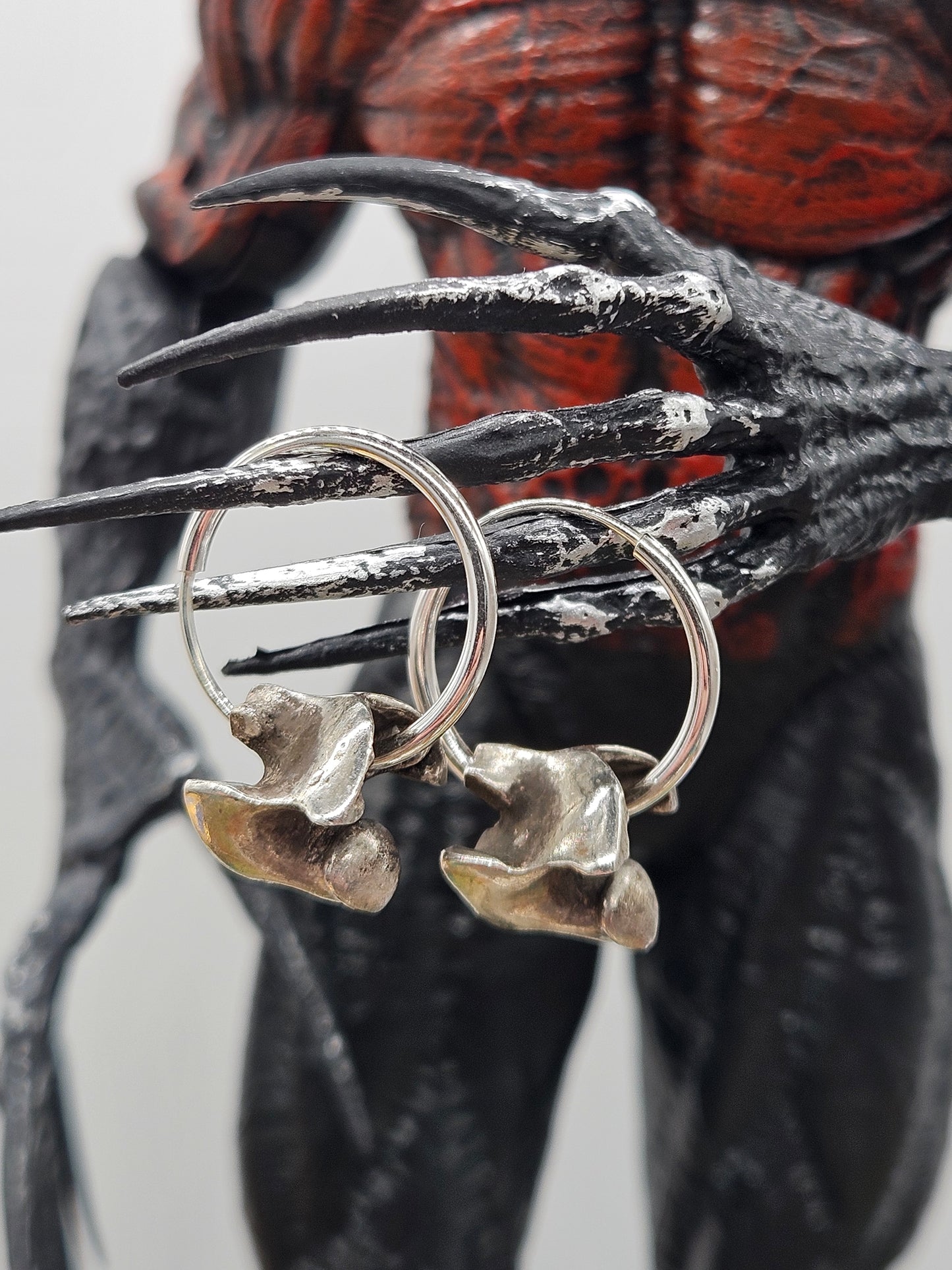 Sterling Silver 925 Oxidized Gothic Spine Vertebrae Statement Hoop Earrings.