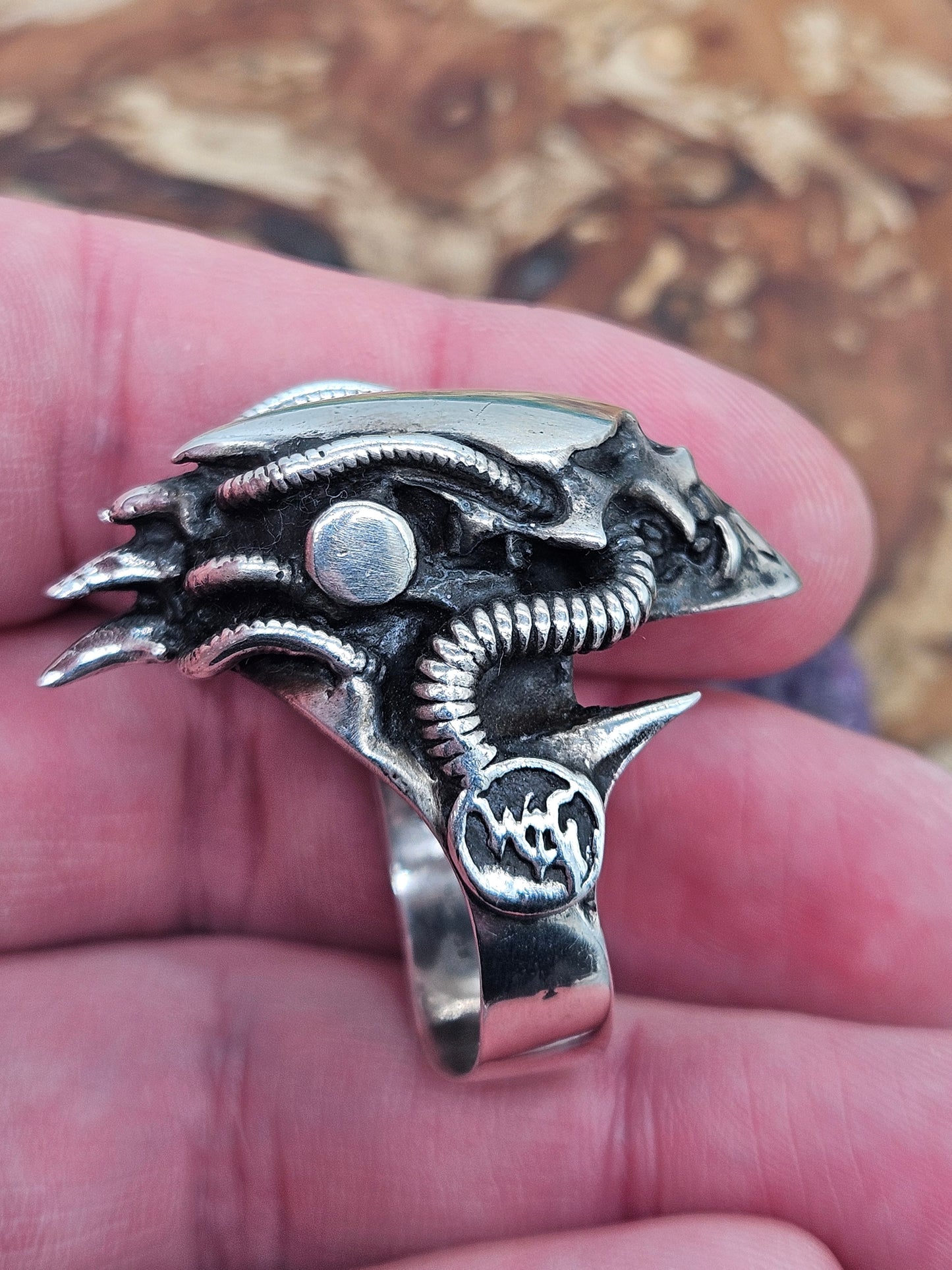 Silver 925 Biomechanical Skull Ring- William Llewellyn Griffiths. Size Z+4