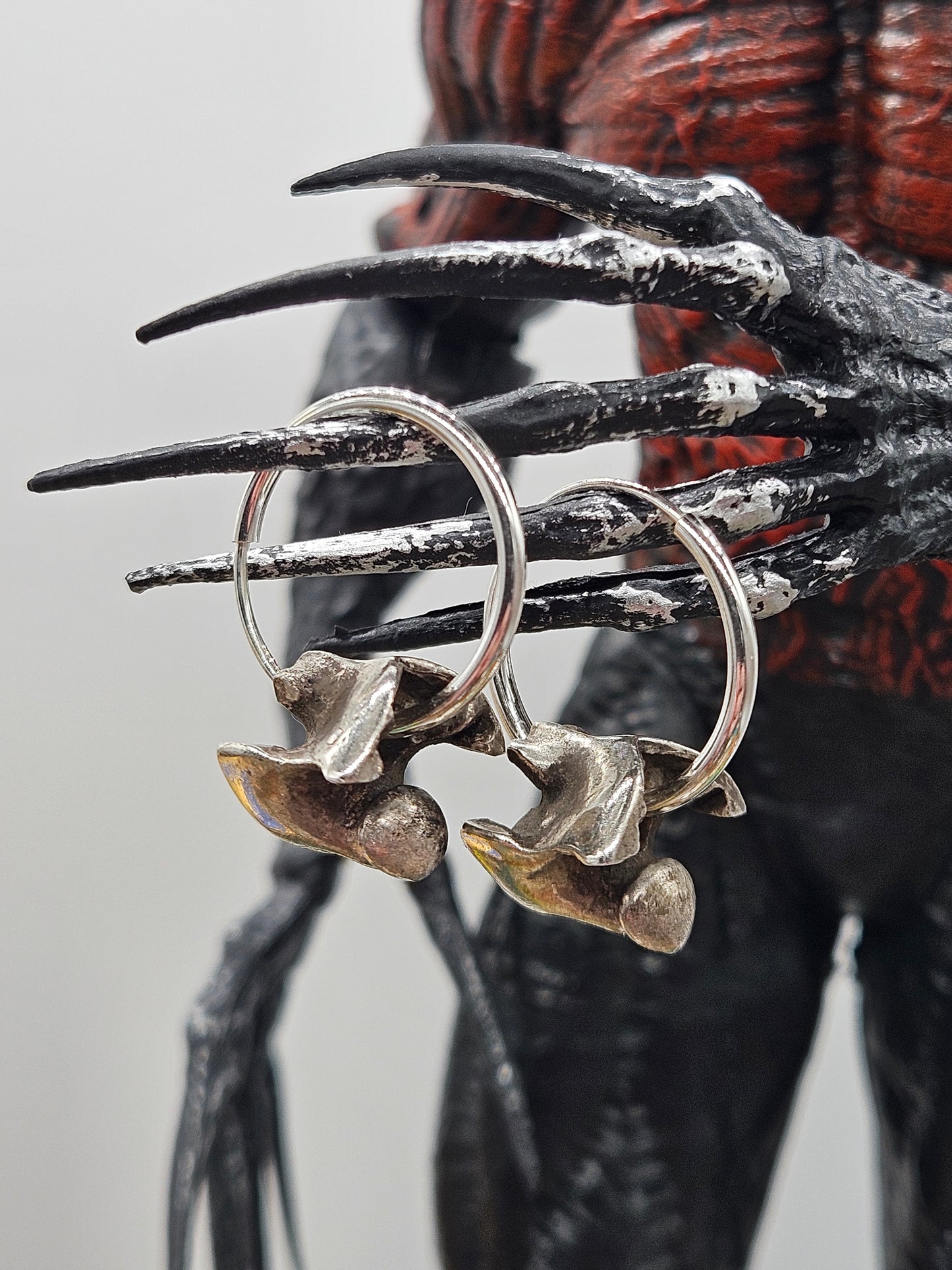 Sterling Silver 925 Oxidized Gothic Spine Vertebrae Statement Hoop Earrings.