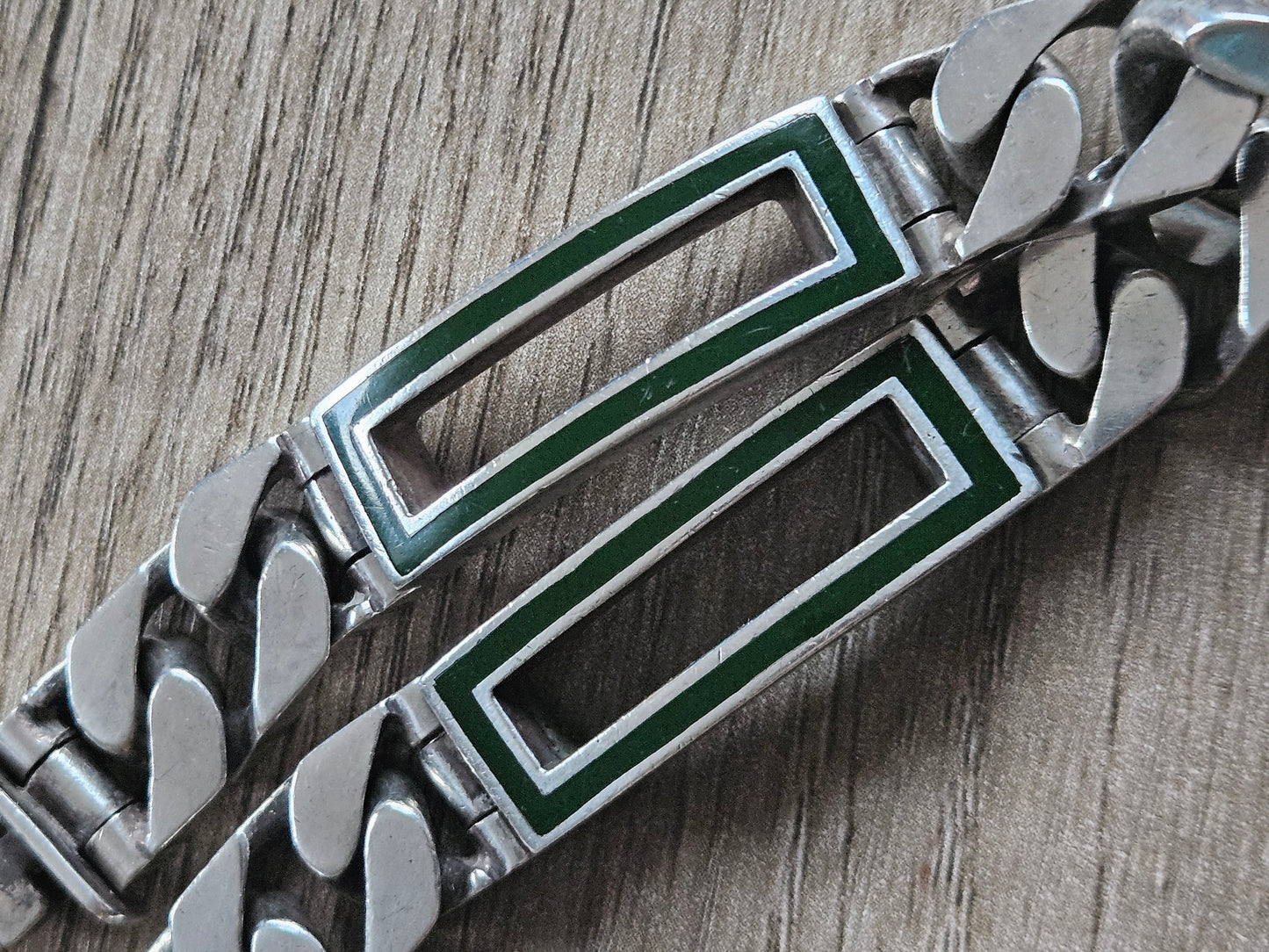 Mappin and Webb Green Enamel Mens I.D Sterling Silver Bracelet.