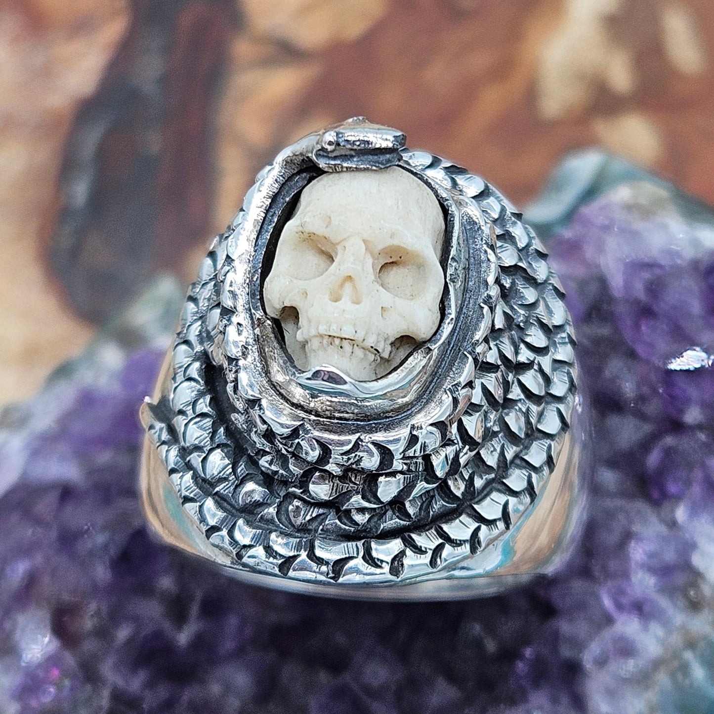 Sterling Silver Skull Snake Ring 925 Solid Heavy, Made By Gypsy Silver. Size N 1/2