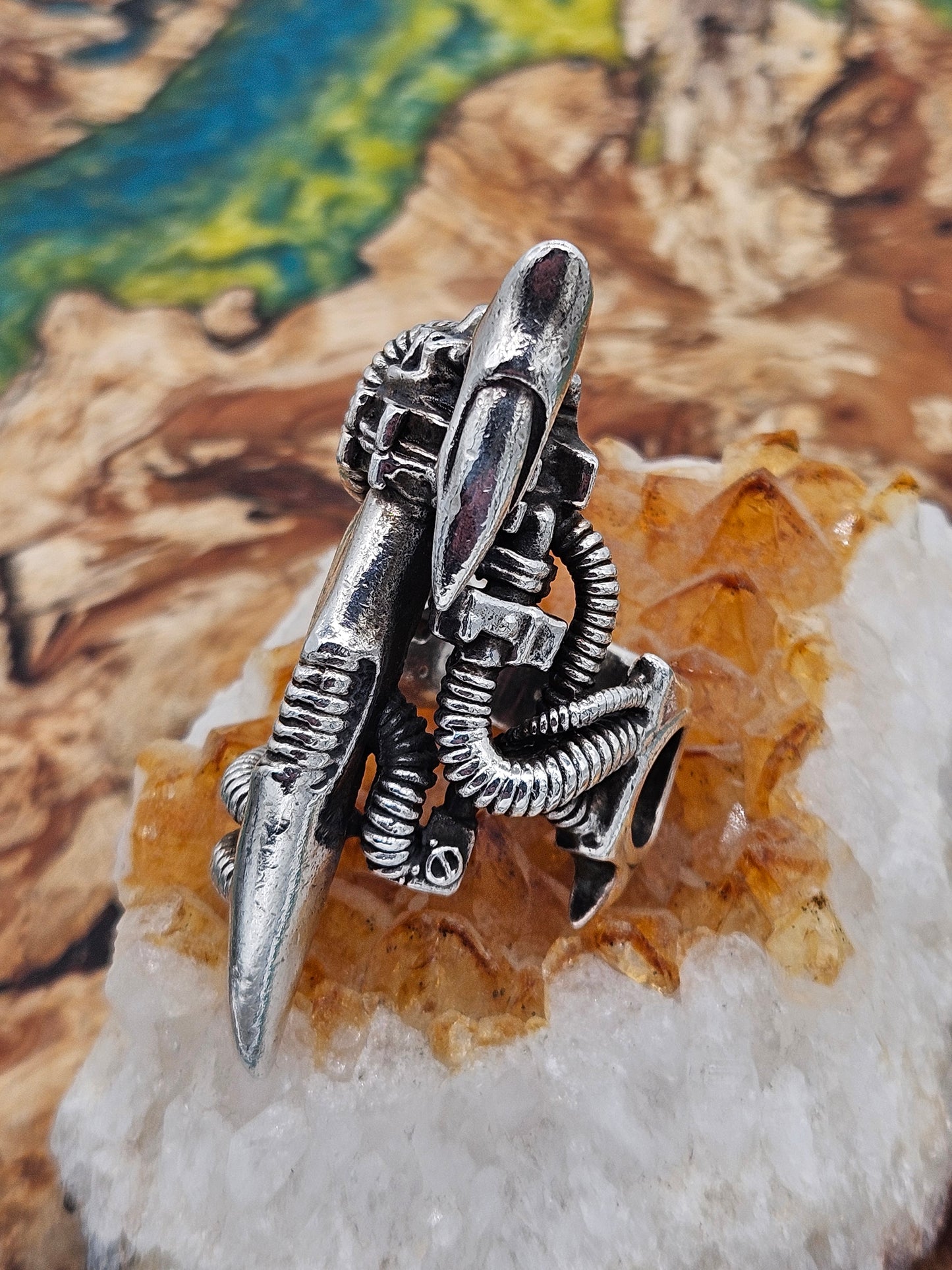 BIOMECHANICAL SILVER 925 CLAW TURBINE RING. GOTHIC. UK Size V, WILLIAM GRIFFITHS